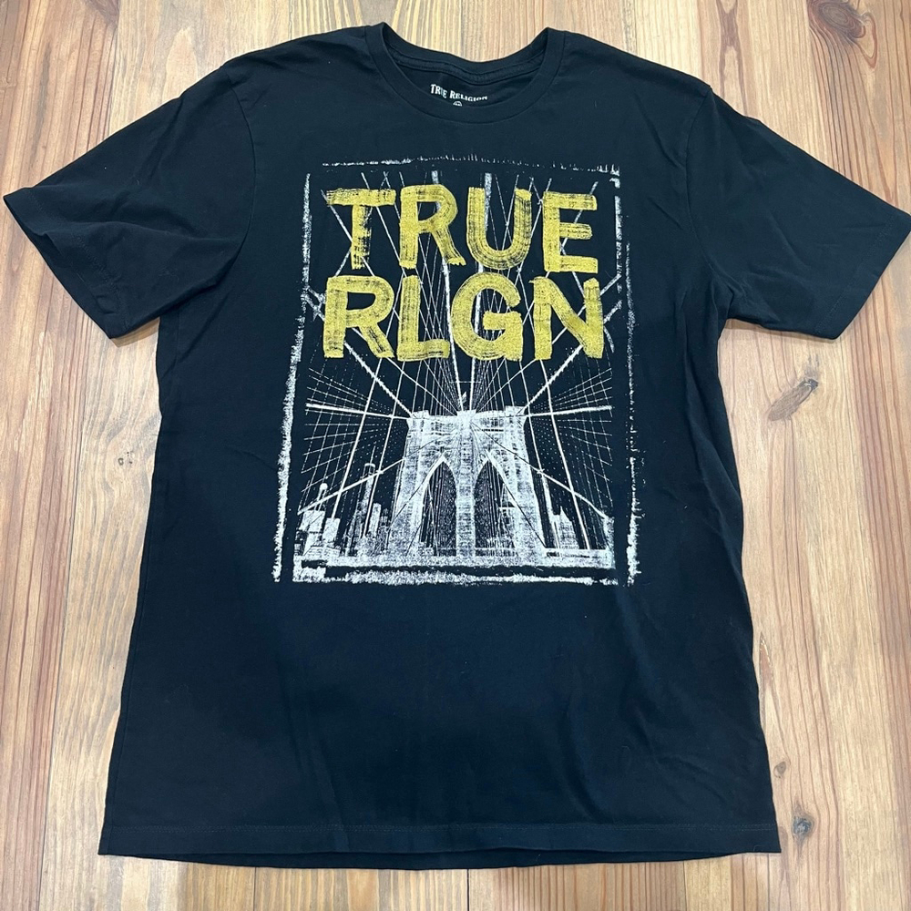Men's True Religion Brooklyn Bridge Graphic T-Shirt Black Yellow Size S, 0027 B1